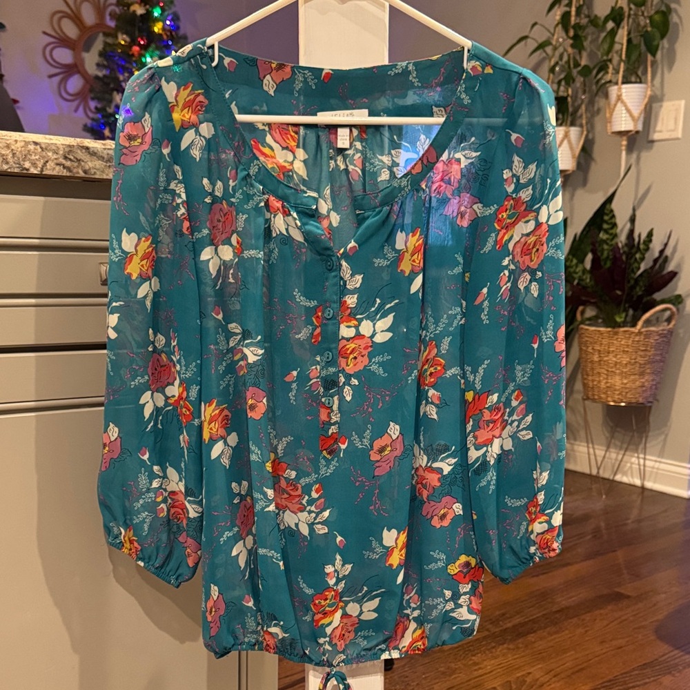 Floral Teal Semi Sheer Blouse